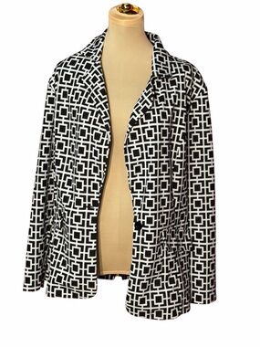 Wearever Black & White Geometric Open Front Blazer Women’s 1X Career Jacket